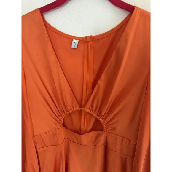 Orange Satin Cutout V-Neck Balloon Sleeve Mini Dress Small Cocktail y2k style - Picture 3 of 9